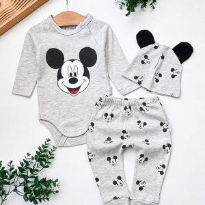 Set Neonato/ Bimbo Mickey Mouse 3 Pezzi in Cotone Grigio