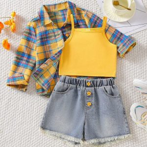 Completo estivo bambina 3 pezzi Giallo, denim e camicia a quadri