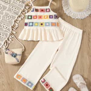 Completo estivo bambina boho chic Top e pantaloni panna con ricami colorati
